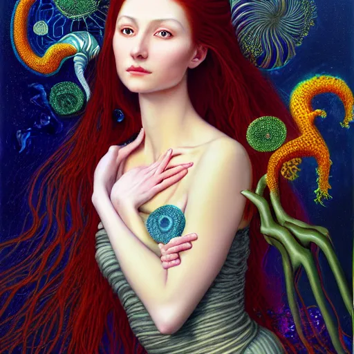 Prompt: portrait of a young female wizard in flowing sensual dress, arrogant, long fine flowing hair, delicate, looking at camera, slight nerdy awkward smile, realistic face, realistic hands, stylish, elegant, grimdark fantasy, flowers, mysterious, extremely detailed painting inspired by Gerald Brom and Ernst Haeckel and Victor Nizovtsev, studio lighting