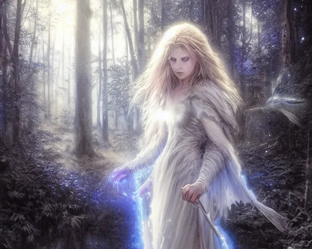 Prompt: 5 5 mm portrait photo of an armored holy angelic wolf with blue eyes and looking at the camera, glowing with holy lights, in a magical forest. magical atmosphere. art by greg rutkowski and luis royo. highly detailed 8 k. intricate. lifelike. soft light. nikon d 8 5 0.