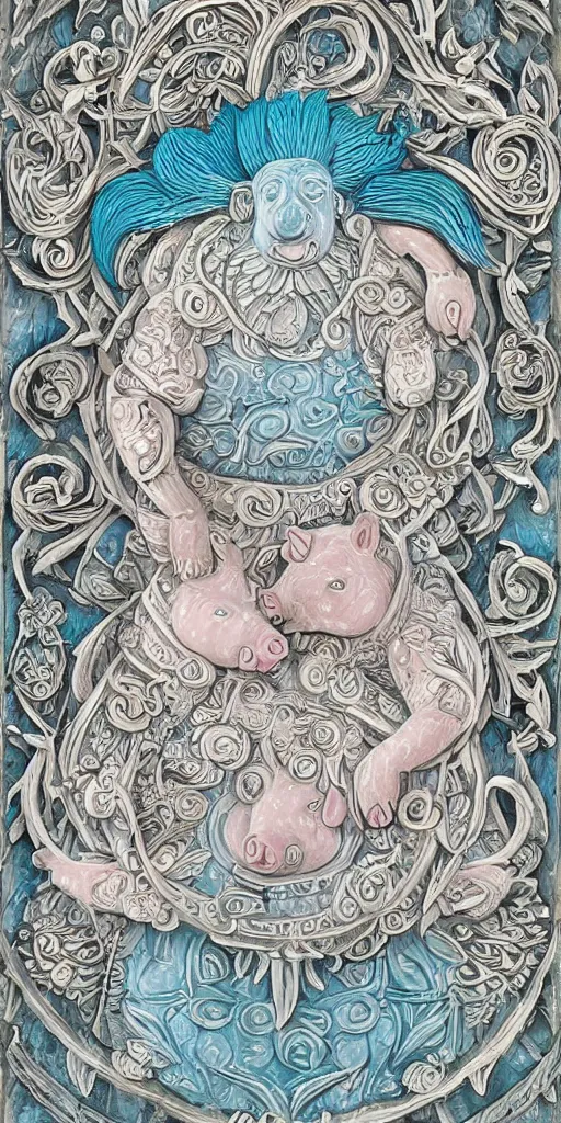 Image similar to intricate colourfully painted carved Soapstone relief paneling, white and pale blue , celestial, pig, piglet, piggy, pig goddess, mother earth, Earth Goddess mythology, Gaia, angels, divinity, Ghostly, crystaline celtic, insanly detailed , artstation, wallpaper, hyper realistic, realistic lighting