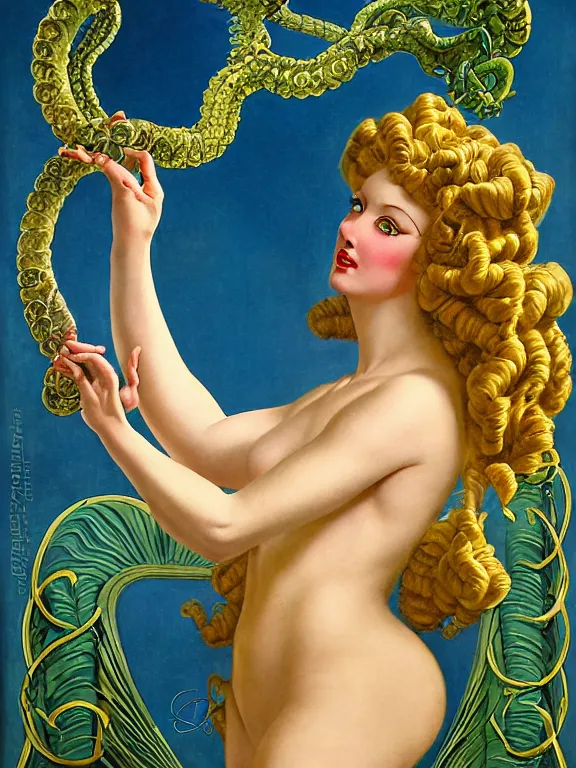 Prompt: Sidney Sweeney as the Medusa Gorgon, a beautiful art nouveau portrait by Gil elvgren, Greek temple environment, centered composition, defined features, golden ratio, gold jewlery, photorealistic professionals lighting, cinematic, sheer