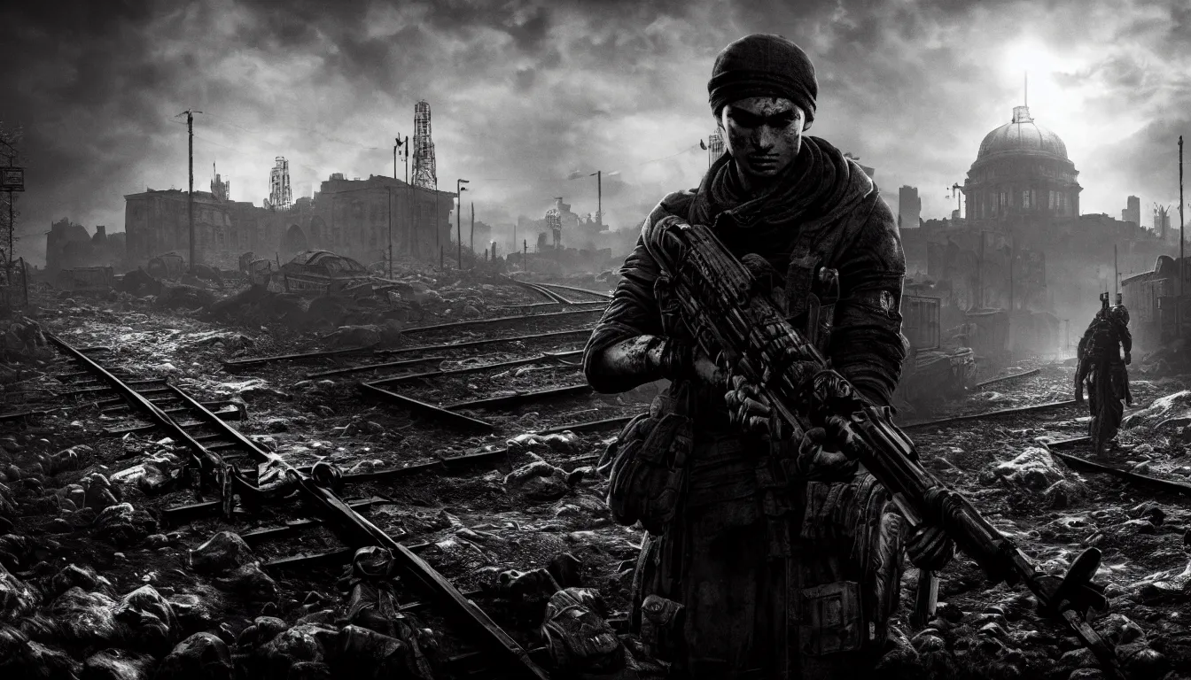 Image similar to metro exodus style, city in the horizon, dark, atmospheric, scary, claustrophobic, ambient vibe, very detailed, black and white, 4 k