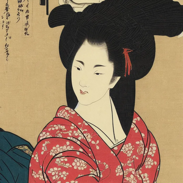Prompt: Beautiful warmly lit close up studio portrait of a young pale Actress age 23 smiling, beautiful color woodcut in the style of Utamaro and Sharaku , trending on artstation dramatic lighting ukiyo-e