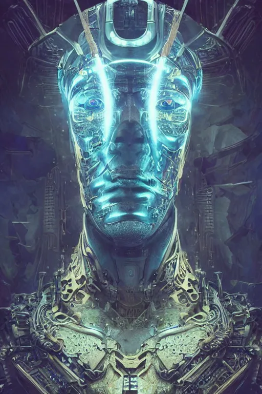 Prompt: A neofuturistic very highly detailed cyborg god with very highly detailed face in the beautiful garden in a very highly detailed solarpunk sci-fi city realistic concept art photography by Greg Rutkowski, sci-fi highly detailed, realistic concept art photography, Dimensional cyan gold natural light, cinematic shot, realistic concept art photography by Stephen Hickman and James Gurney and Hiromasa Ogura Ghost in the Shell rendered in Octane Render, From the distance