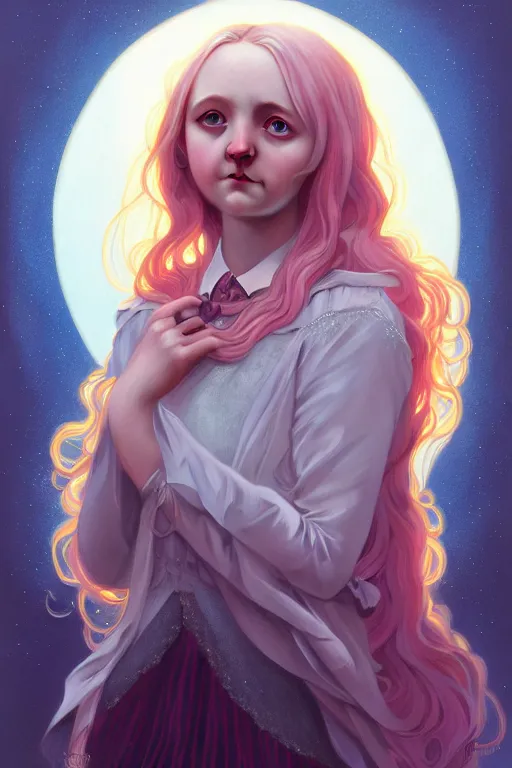 Prompt: a portrait of luna lovegood, fantasy, sharp focus, intricate, elegant, digital painting, artstation, matte, highly detailed, concept art, illustration, ambient lighting, art by ilya kuvshinov, artgerm, alphonse mucha, and greg rutkowski