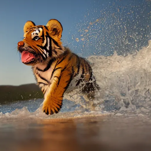 Image similar to a closeup photorealistic photograph of a cute smiling tiger bichon puppy splashing in the surf during sunset. professional capture, well lit shot. this 4 k hd image is trending on artstation, featured on behance, well - rendered, extra crisp, features intricate detail, epic composition and the style of unreal engine.