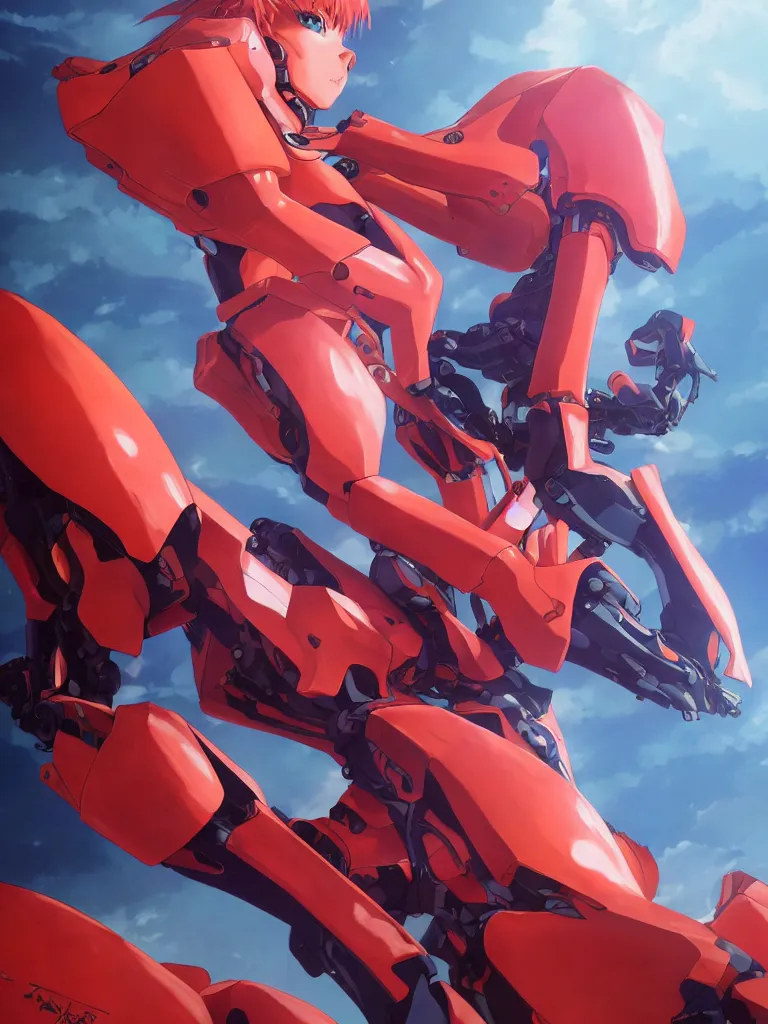 Image similar to a Photorealistic hyperdetailed hyper realistic Epic Sci-Fi rendering of a female anime style EVANGELION Genesis,Asuka Langley Sohryu,Neon Genesis mech robot pilot by katsuhiro Otomo,WLOP,Artgerm,Hyperrealism,Beautiful dramatic moody lighting,Cinematographic Atmosphere,Octane Render,8K