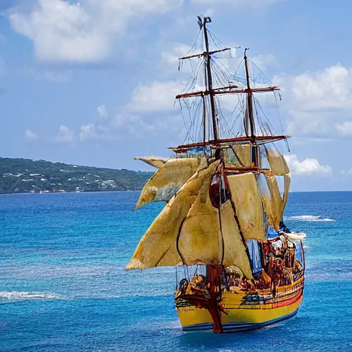 Image similar to photo of a spanish galleon in front of a jamaican shoreline cliff with a cave