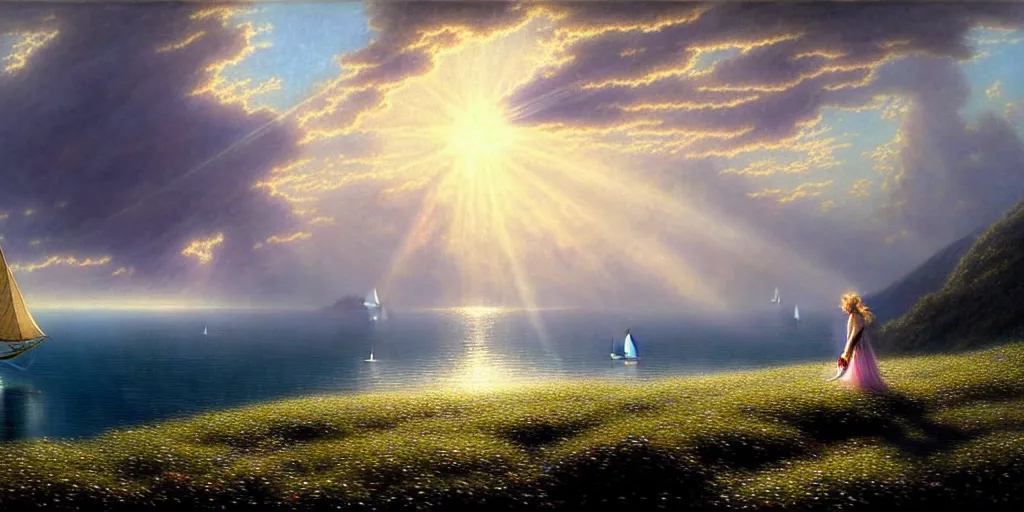 Image similar to an elegant fairy queen in a blue lace dress dancing looking out at a lord of the rings scenery landscape, staring across the sea at a sail boat, sunrise, god's rays highly detailed, vivid colour, soft clouds, floral sunset, cinematic lighting, perfect composition, gustave dore, derek zabrocki, greg rutkowski, belsinski