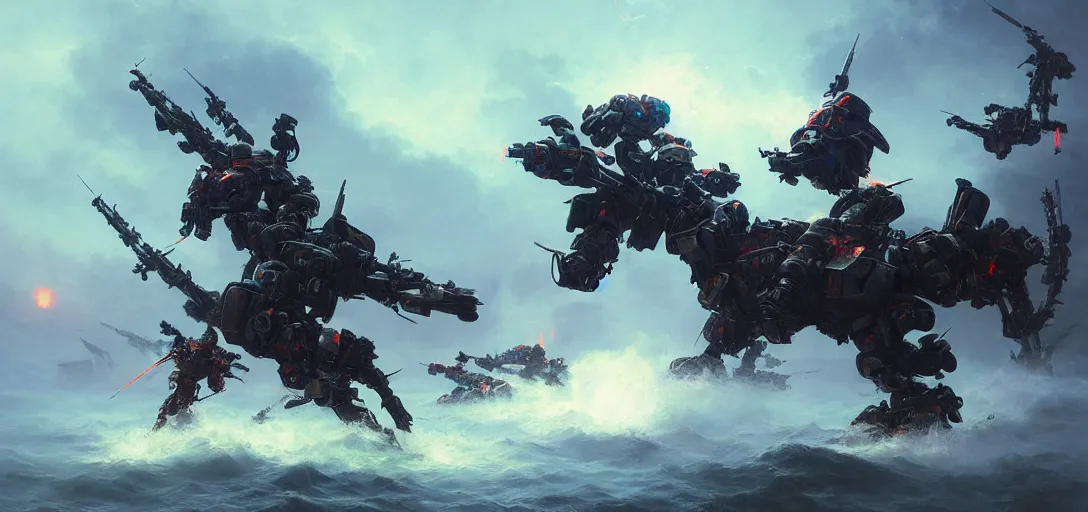 Image similar to 8 k art photography shot art shot, hyperrealistic, hyperdetailed, super detailed, uhd, uhd, 8 k, high resolution, epic fight scene, group of samurai attack futuristic military mech, painting by ross tran and ivan aivazovsky