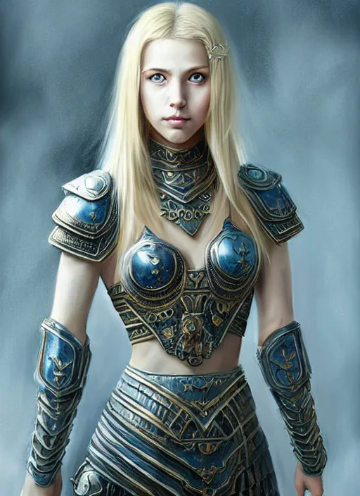 Prompt: full - body portrait of slavic young woman warrior, front, symmetrical, extremely detailed face, beautiful face, blonde hair, blue eyes, leather armor!, digital painting, true anatomy, by valerian city of a thousand planets, by ruan jin #, by mandy jurgens #, by artgerm #, william - adolphe bouguerea #