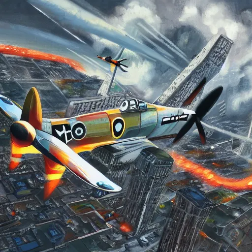 Image similar to ww2 spitfire plane flying through futuristic city, highly detailed, painting, brushstroke, anime artwork