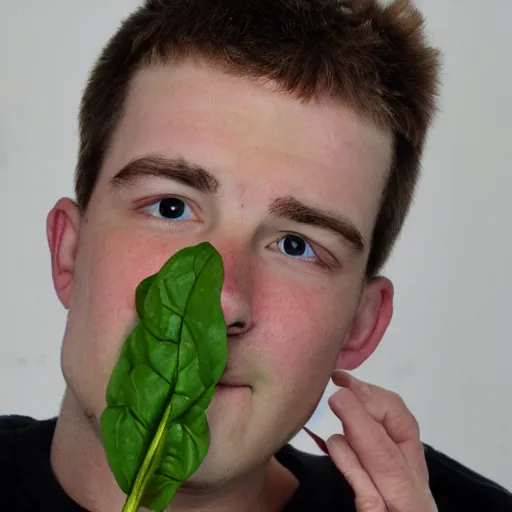 Image similar to Joe lysett with spinach on his head