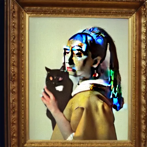 Prompt: protrait by vermeer of a lady holding a black cat