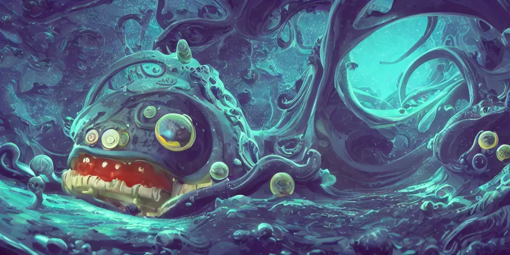 Image similar to of an intricate deep sea with strange cute friendly happy creatures with huge eyes, long tongue, round teeth and goofy funny face, appearing from the background, in the style of gehry and gaudi, macro lens, shallow depth of field, ultra detailed, digital painting, trending artstation, concept art, illustration, cinematic lighting, photorealism, epic, octane render