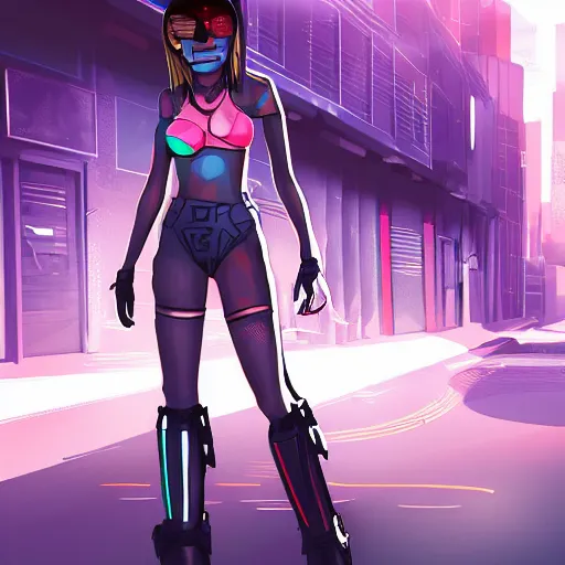 Image similar to full length character design, digital art of a cyberpunk girl in a cyberpunk street with sunshaft