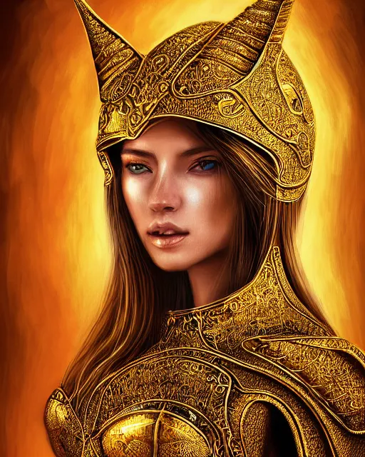 Prompt: digital painting portrait of woman in shining golden armor, high production value, intricate details, high resolution, hdr, high definition, masterpiece, realistic, ultrarealistic, highly detailed, hd, sharp focus, non blurry, sharp, smooth