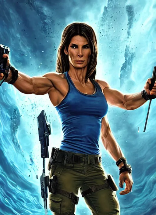 Image similar to muscled Sandra Bullock as Lara Croft as a ruggedly handsome heroine looking directly into the camera, jumping off a glowing artifact lodged in shallow blue glowing water, intricate, elegant, highly detailed, artstation, concept art, smooth, sharp focus, illustration, bokeh art by artgerm and donato giancola and Joseph Christian Leyendecker, WLOP, fireflies, distant snowstorm and thunder