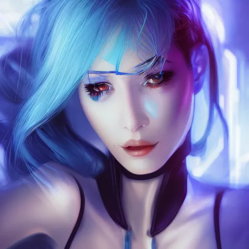 Image similar to a close up of a woman with blue hair, cyberpunk art by Artgerm, featured on cgsociety, fantasy art, deviantart, 2d game art, deviantart hd