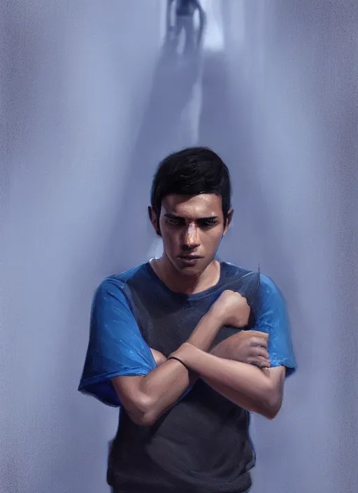 Prompt: young peruvian man with short black hair, male, dressed in blue, looking down, half body shot, arms down, path traced, highly detailed, high quality, digital painting, bastien lecouffe - deharme