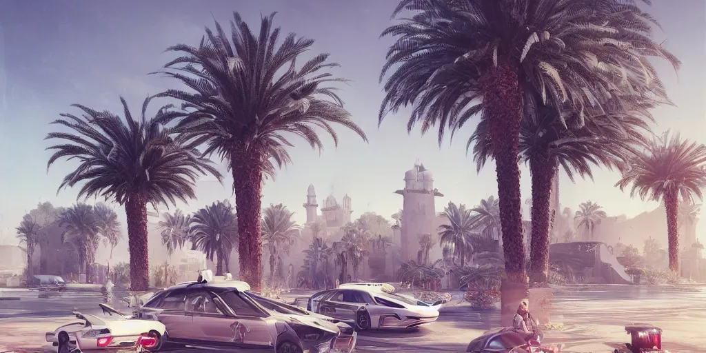Prompt: Futuristic Marrakech, palm trees, Flying Taxi ,Moroccan mosque ,WLOP, James Jean, tom bagshaw, rococo, trending on artstation, fantasy, intricate, elegant, highly detailed, digital painting, concept art, smooth, illustration, cinematic lighting, hyper realism, octane render, 8k, hyper detailed.