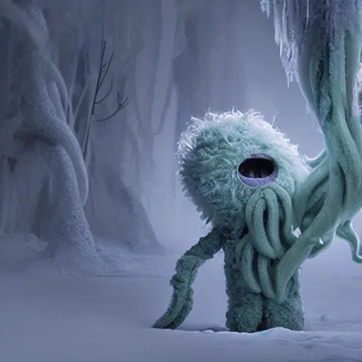 Image similar to a cute but unnerving fluffy humanoid ethereal ghost like live action muppet wraith like alien figure with a squid shaped parasite overtaking its head with four long tentacles for arms that flow gracefully at its sides while it floats around the frozen woods searching for lost souls and that hides amongst the shadows in the trees, this character can control the ice and snow and has mastery of the shadows, it is a real muppet by sesame street, photo realistic, real, realistic, felt, stopmotion, photography, sesame street