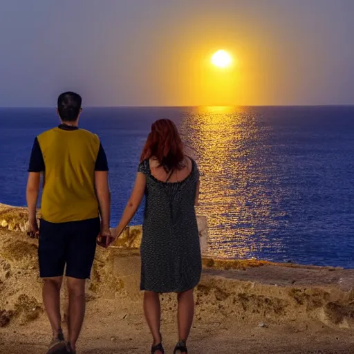 Prompt: paphos cyprus, full moon, 2 people - one man tall and bold and young and women short and red head, walking next to the marine with sad nostalgic faces. highly detailed. beautiful view. 4 k