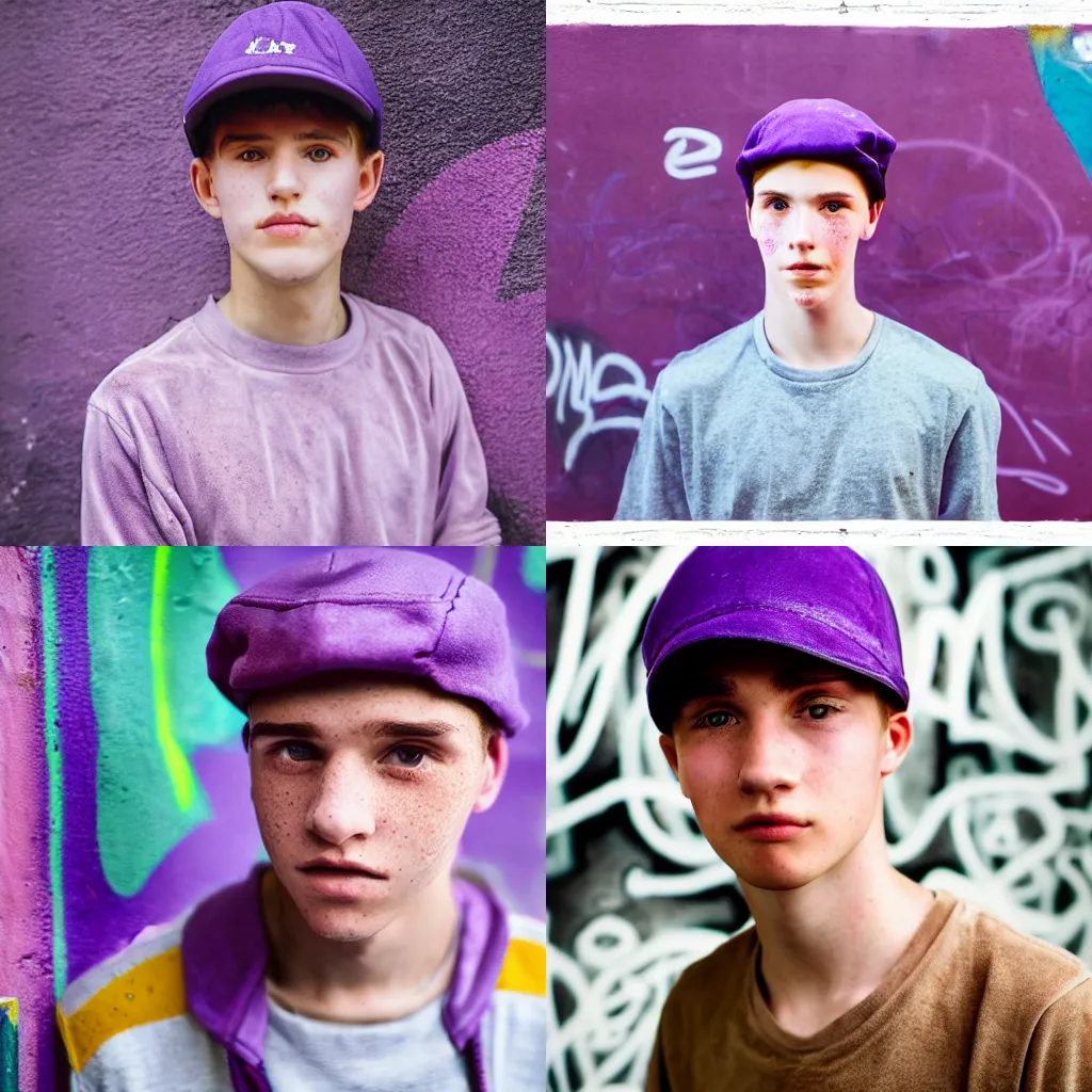 Prompt: portrait of boy ( highschool senior ) with light freckles wearing a violet velour basecap, looking shyly into the camera for a cover of a gay print magazine, f 1. 4, award winning photograph, experimental lighting, soft focus, city + graffiti background