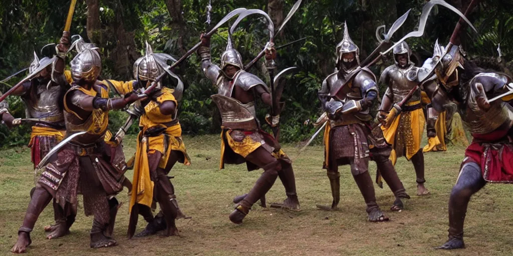 Image similar to sri lankan warriors with swords, film still, fantasy movie style