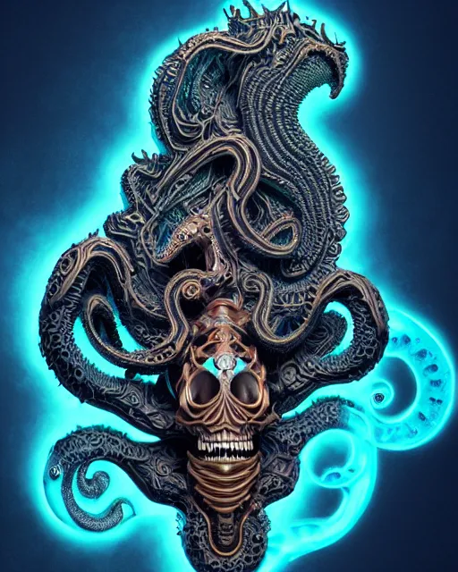 Prompt: 3 d ornate carved lovecraftian with tattoos profile portrait, sigma 5 0 0 mm f / 5. beautiful intricate highly detailed quetzalcoatl skull. bioluminescent, plasma, lava, ice, water, wind, creature, thunderstorm! artwork by tooth wu and wlop and beeple and greg rutkowski, 8 k trending on artstation