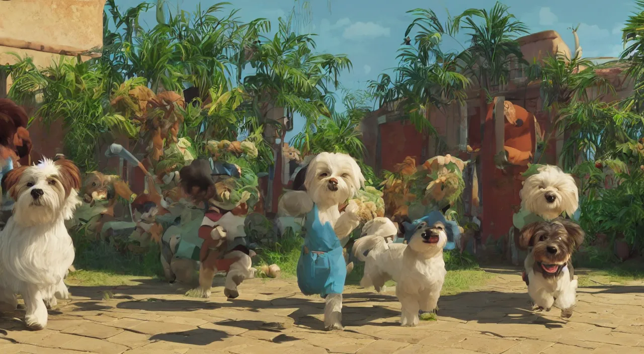 Prompt: havanese dogs playing in a cuba hacienda, 1 9 0 0, genndy tartakovsky, atey ghailan, goro fujita, studio ghibli, rim light, morning lighting, clear focus, very coherent