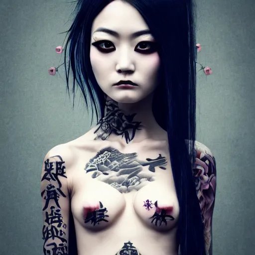 Image similar to japanese gothic model with maximalist hair style and kanji tattoos, dark colors, fashion model, portrait shot, depth of field, 8 k, hyper detailed, intricate, trending on artstation