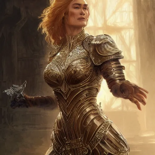 Image similar to full figure ultra realistic illustration, cersei lannister wearing battle armor and riding a lion, intricate, elegant, highly detailed, digital painting, artstation, concept art, smooth, sharp focus, illustration, art by artgerm and greg rutkowski and alphonse mucha