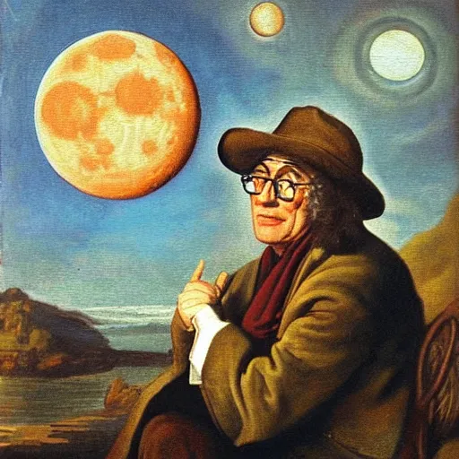 Prompt: An oil painting of Harry Carey gazing at the moon (1688)