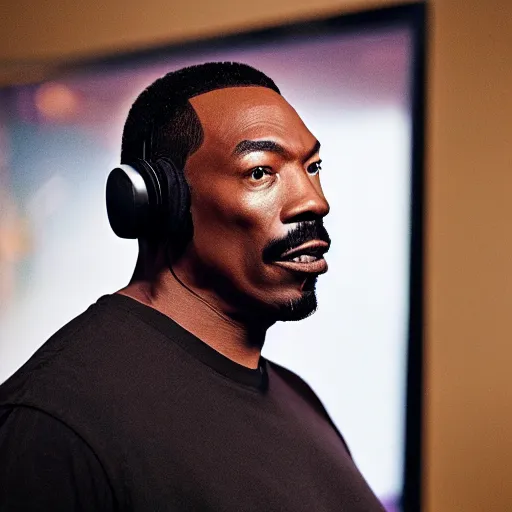 Image similar to my 600 lb Eddie Murphy wearing a headset yelling at his monitor while playing WoW highly detailed wide angle lens 10:9 aspect ration award winning photography by David Lynch esoteric erasure head