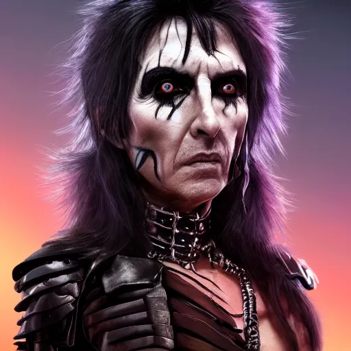 Image similar to stunning headshot of Alice Cooper, with smooth and streamlined armor, standing and posing elegantly, well detailed face, beautiful digital art, artstation, DeviantArt, FurAffinity, professional, depth of field, close-up, hd, octane render, sunset lighting