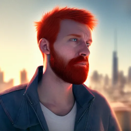 Prompt: hyperrealistic portrait of redhead guy around 20 years, lit in a dawn light, busy city on background, trending on artstation,ultrawide angle, f8 , polarizer , unreal engine