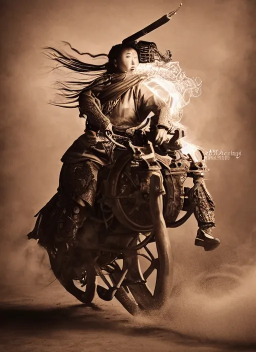 Image similar to old vintage photo of Chinese ancient warrior female on the complex steam punk hooverboard with Jet engine, extreme sports photography , dynamic photography,clean symmetrical face, high speed,dirt and grawel flying in the spot, lens flares, dust in the air, dramatic lighting, intricate, highly detailed, centered, smooth, sharp focus, sports photography, old photo, black and white, sepia, cinematic lighting, cinematic angle, national geographic