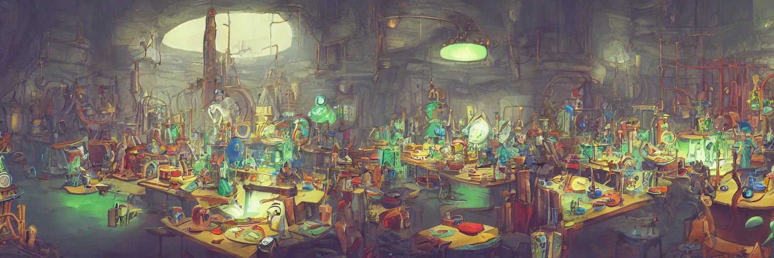 Image similar to 4K concept art of a wizards laboratory, digital art by Dr Seuss, masterpiece trending on artstation