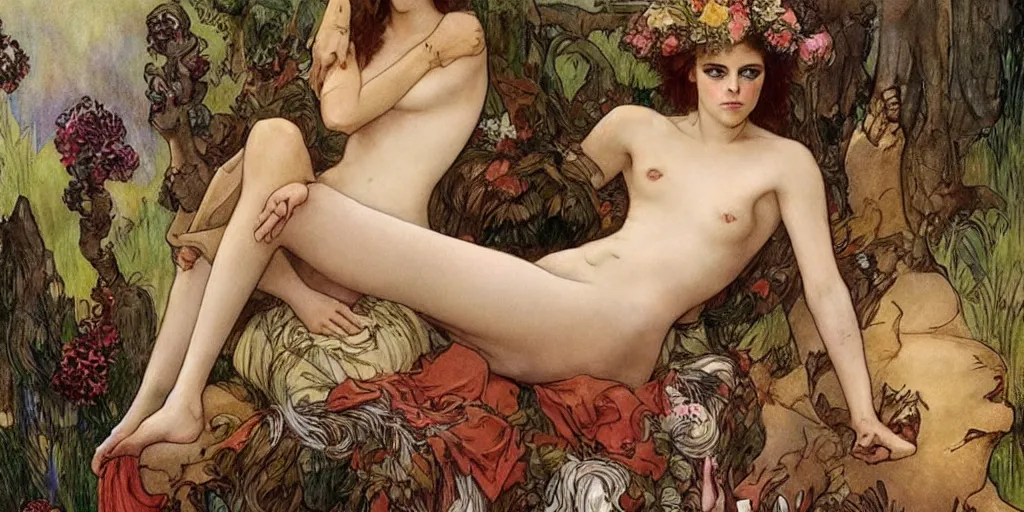 Prompt: kristen stewart as a sultry warrior sitting on top of a cornucopia, mucha meets norman lindsay style