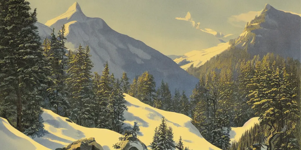 Prompt: beautiful idyllic poster illustration for a craggy snow valley national park, no trees, by ludwig hohlwein