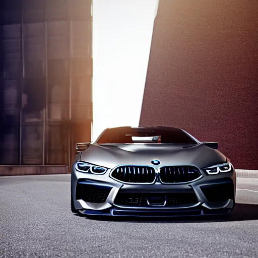 Prompt: ultra realistic bmw m 8 in pearlescent gun metal grey 8 k, photo, colourful lighting,