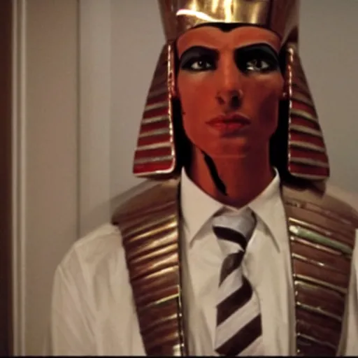 Prompt: An egyptian pharaoh as The American Psycho, cinematic still, bloody