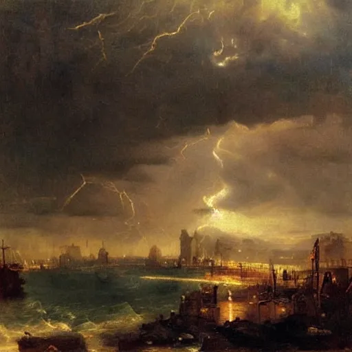 Prompt: oil painting of medieval harbour, storm clouds, sunrays, very very very very very beautiful bright art, american romanticism by goya, medieval castle, burning fires, colorful masterpiece, realistic and detailed