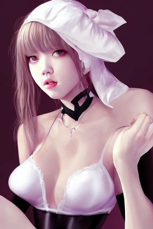 Prompt: realistic detailed semirealism beautiful gorgeous cute Blackpink Lalisa Manoban wearing white silky lingerie, white silky outfit, black hair black cat ears, black leather choker, proportional body, WLOP, Aztodio, Taejune Kim, Pixiv, Instagram, Artstation