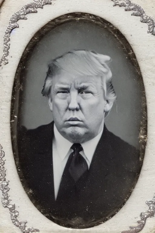Prompt: a tintype photo of a very obese Donald Trump