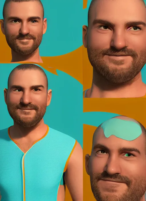 Image similar to 3 2 - year - old sporty man, short stubble, wearing tropical short sleeve shirt and speedo, character design, octane render, 8 k, portrait