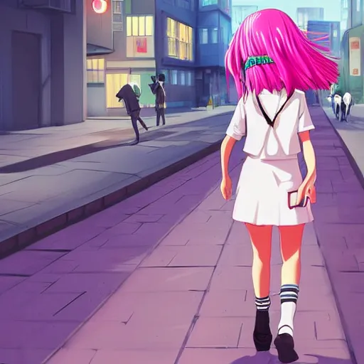 Prompt: anime schoolgirl with pink hair walking down a japanese street, digital painting, 4k, anime key visual, artstation, kuvshinov ilya