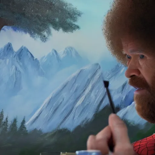 Image similar to a closeup photorealistic photograph of bob ross working on a canvas painting of spiderman. film still. brightly lit scene. mountains and trees. this 4 k hd image is trending on artstation, featured on behance, well - rendered, extra crisp, features intricate detail, epic composition and the style of unreal engine.