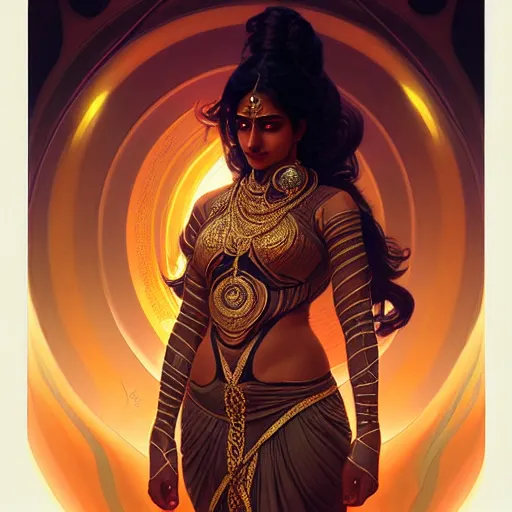 Prompt: futuristic lakshmi, sci-fi, fantasy, intricate, elegant, attractive, indian goddess, highly detailed, digital painting, artstation, concept art, smooth, sharp focus, illustration, art by artgerm and greg rutkowski and Raja ravi verma and alphonse mucha