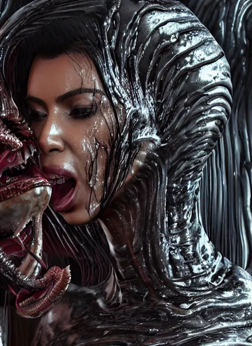 Image similar to film still of kim kardashian being licked by an xenomorph slathered in a transparent alien liquid, wet flowing hair, gooey skin, illustration, unreal engine 5, 8 k, directed by h. r. giger.